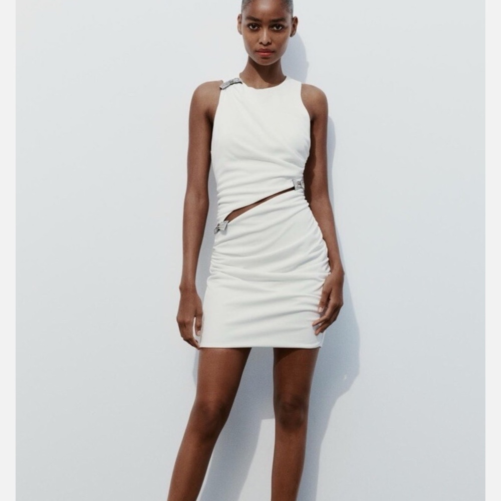 Zara Asymmetrical White Dress with Bow Accents
